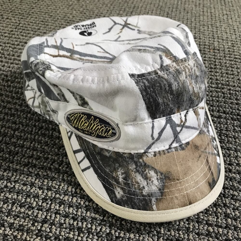Mossy Oak Break Up Michigan Camo Pie Hat Adjustable Cadet Cap Mens White Grey
